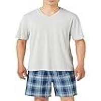【爆下げ】[Amazon Essentials] パジャマ セット Tシャツ・ポプリン ショートパンツ メンズ ネイビー チェック柄/ヘザーグレー XSが503円のイメージ